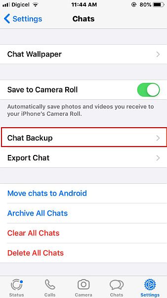 Csevegési beállítások a WhatsApp for ios-ban, kiemelve a csevegés biztonsági másolatát