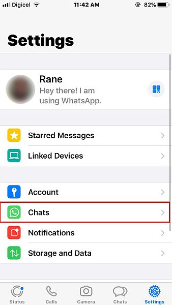 Configurações do Whatsapp com a opção de bate-papo destacada