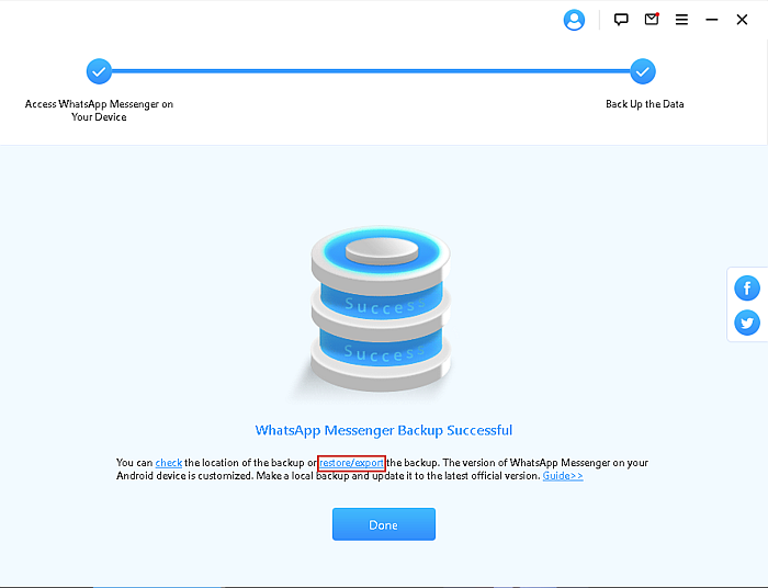 Interface de sucesso do processo de backup do iTransor