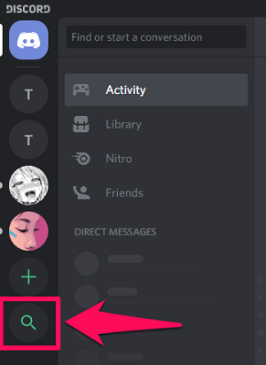clique no ícone de pesquisa para descobrir novos servidores de discórdia