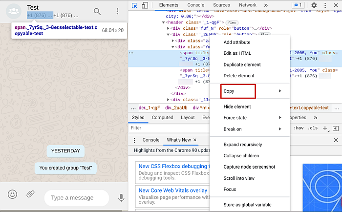 Menu pop para código de back-end para a página da web do Whatsapp