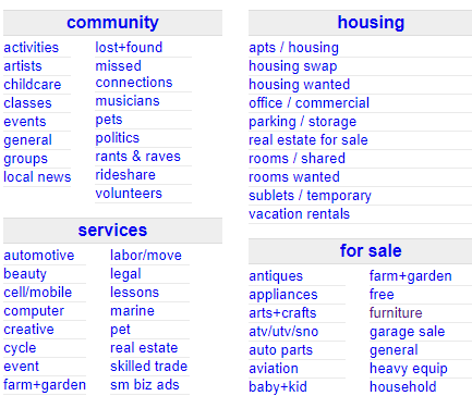 craigslist produkt- og tjenesteliste