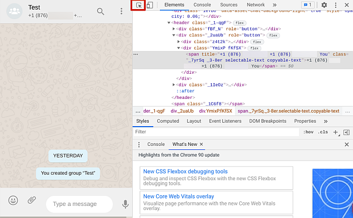 Código de back-end da página da Web do WhatsApp com uma pequena seta no canto superior direito da página de codificação selecionada