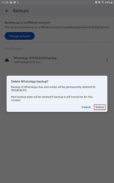 Felugró figyelmeztetés, amely megerősíti, hogy a WhatsApp biztonsági másolata törlődik a Google Drive biztonsági mentések mappájából