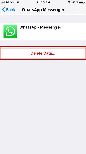 Configurações de armazenamento do Whatsapp Messenger com a opção excluir dados destacada