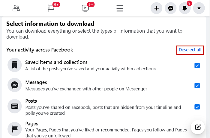 Facebook-Kontodaten zum Download verfügbar und die Schaltfläche Alle abwählen