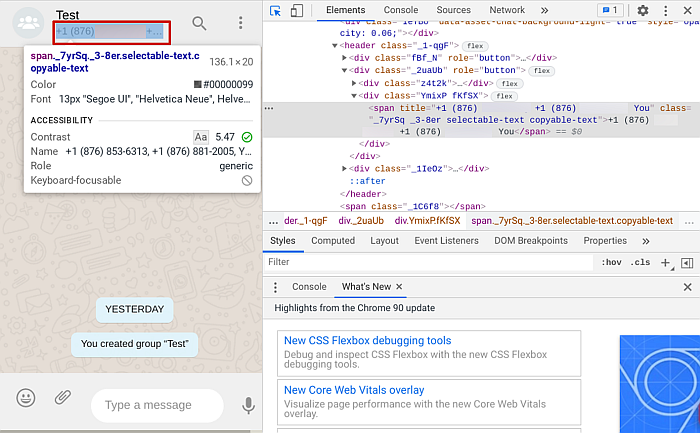 Código de back-end da página da Web do WhatsApp mostrando detalhes do código de um bate-papo do WhatsApp