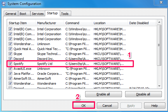 deaktiver spotify for å starte automatisk i Windows 7