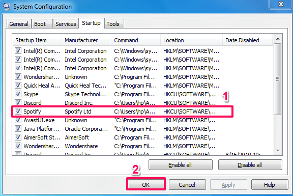 отключить автоматический запуск Spotify в Windows 7