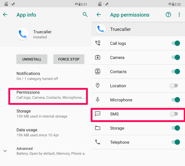 禁用 truecaller 短信權限