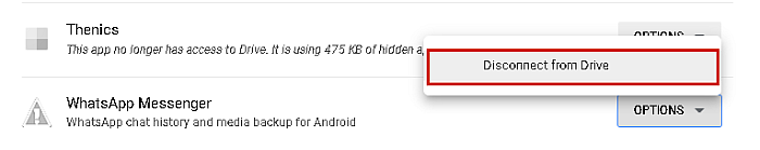 Leválasztás a Drive-ról gomb a Google Drive csatlakoztatott alkalmazások listájában kiemelten
