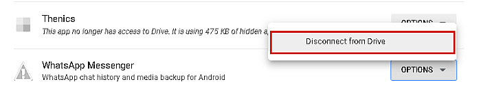 Verbinding verbreken met Drive-knop gemarkeerd in Google Drive-lijst met verbonden apps