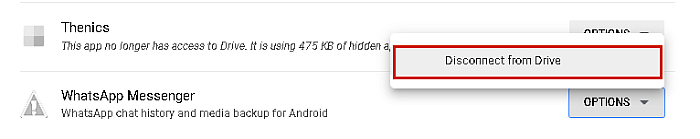 Botão Desconectar do Drive destacado na lista do Google Drive de aplicativos conectados