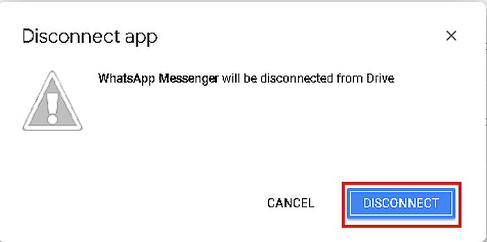 Aviso do Google Drive para desconectar o WhatsApp Messenger do Google Drive