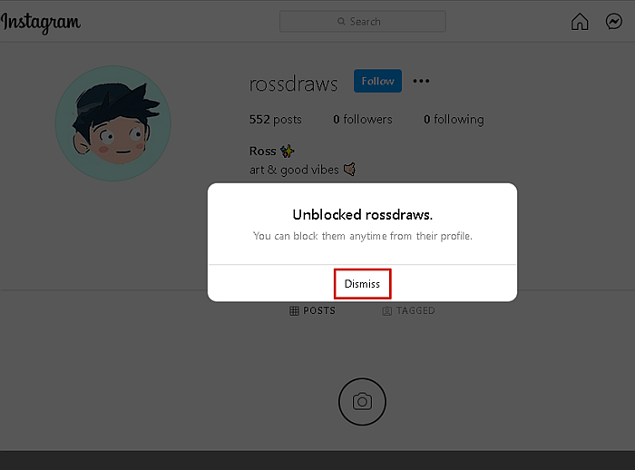 Kuvakaappaus Instagramin suojatusta kehotuksesta PC:llä, jossa Dismiss-painike on korostettuna