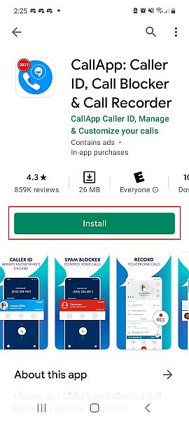 Callapp details in play store with the install button highlighted