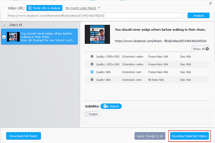 Pagina Impostazioni file video in VideoProc Downloader con il pulsante Scarica video selezionati evidenziato