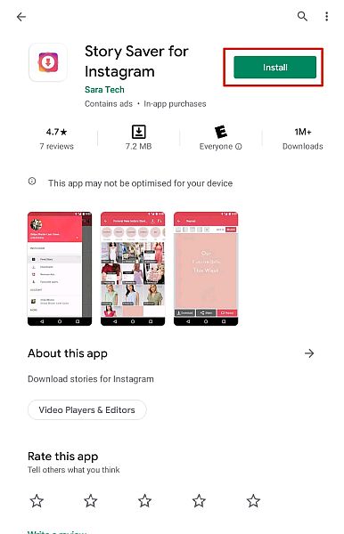 Oplysningsside for Story Saver-app i Play Butik