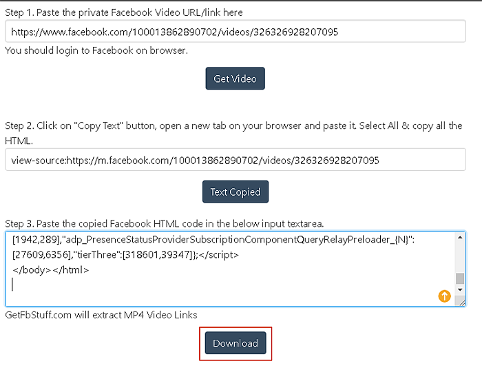 Getfbstuff.com Scheda Downloader video privato con il pulsante Download evidenziato