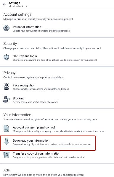 Facebook Messenger-Kontoeinstellungen und die Option zum Herunterladen Ihrer Informationen