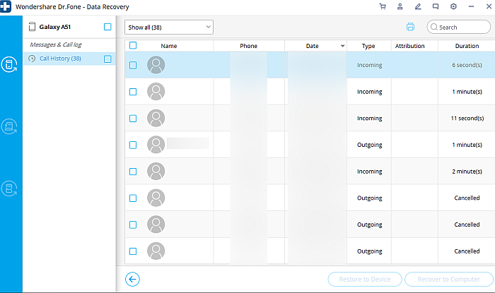 نافذة Dr.Fone لسجلات المكالمات الممسوحة ضوئيًا والمستعادة على الهاتف
