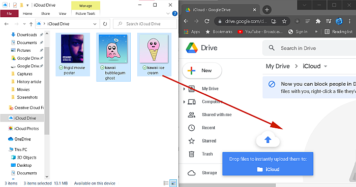 Přetahování souborů ze složky na ploše v systému Windows do složky na disku Google na webu