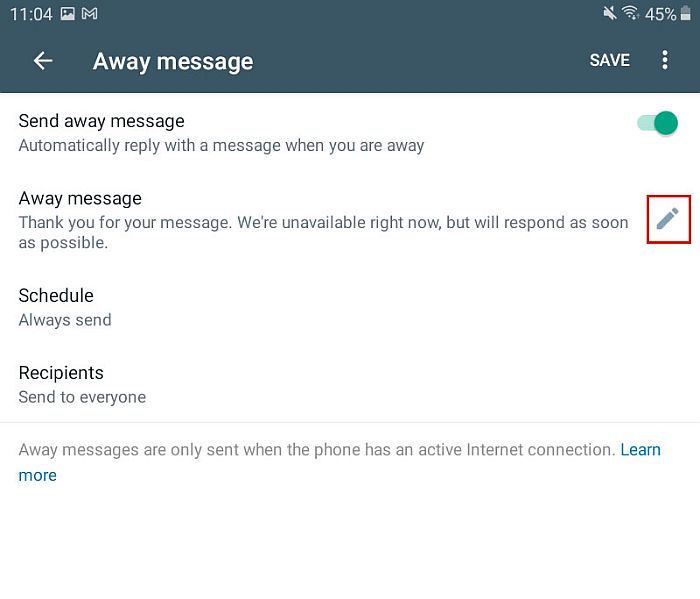 whatsapp for business 中的离开消息设置