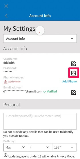 robloxパスワードを編集する
