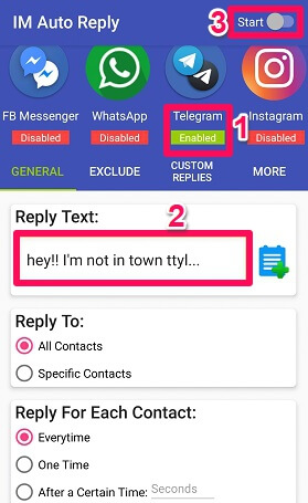 imposta la risposta automatica su Telegram