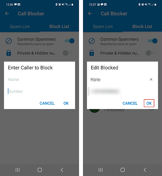 Entering a new contact into the callapp block list