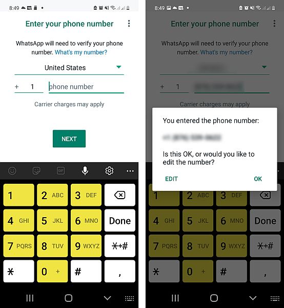 在whatsapp中輸入電話號碼以進行帳戶驗證