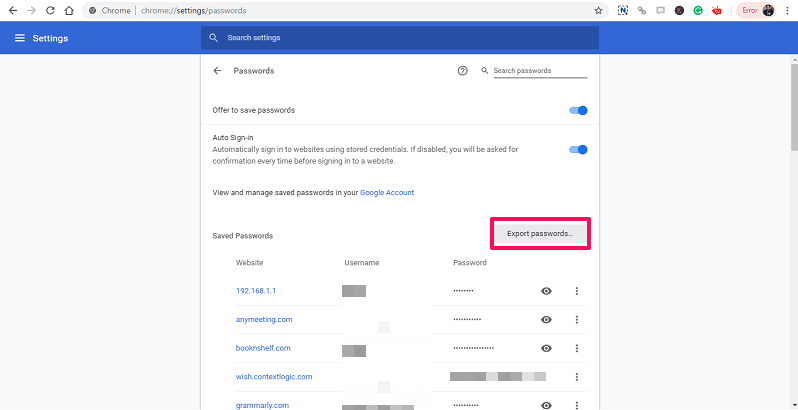 eksportere adgangskoder fra chrome som CSV