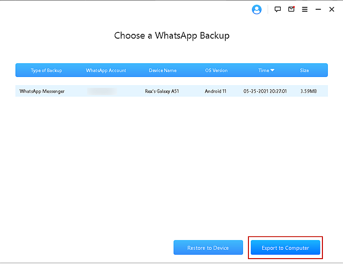 Página de seleção de backup do iTransor WhatsApp
