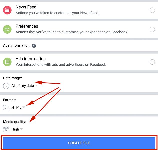 Auswahl des Datumsbereichs, des Formats und der Medienqualität der herunterzuladenden Facebook-Nachrichten