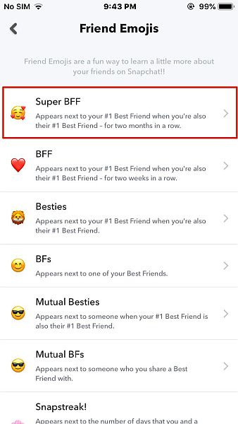 علامة تبويب Friend emojis في Snapchat لـ iPhone