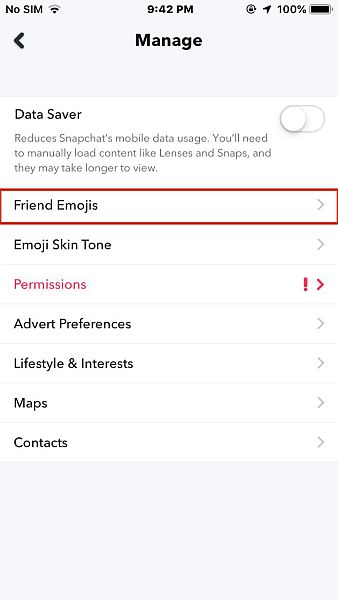 iPhone 中的 Snapchat 管理選項卡，突出顯示“朋友表情符號”選項