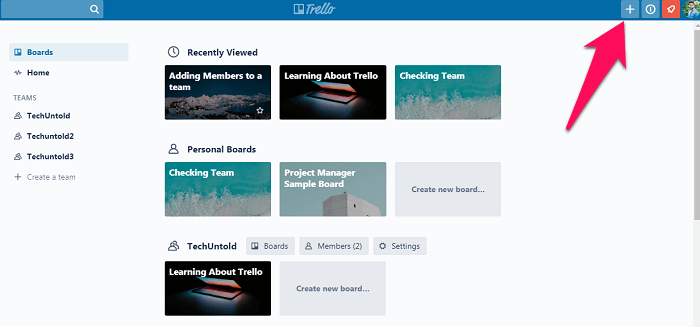 gå till brädsektionen på Trello