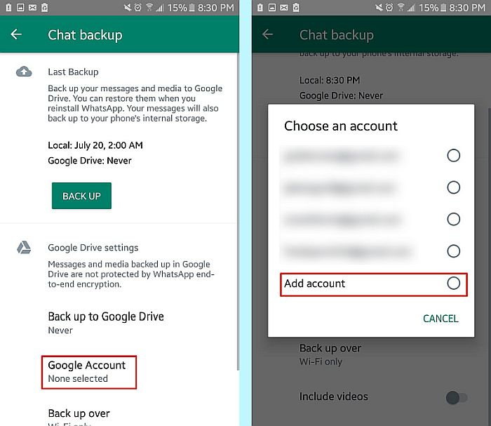 Agregar una cuenta de Google para hacer una copia de seguridad de los datos de WhatsApp