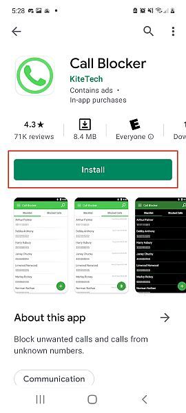 Call blocker details page in play store