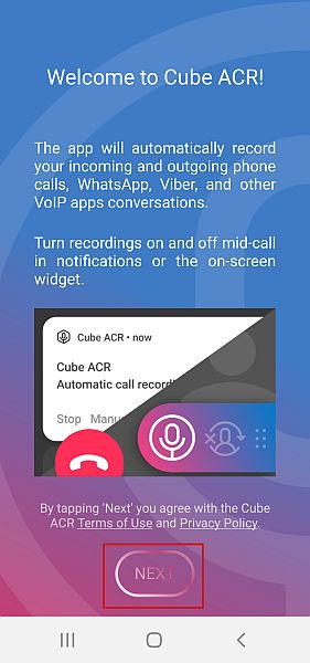 Call Recorder - uvítací obrazovka Cube ACR