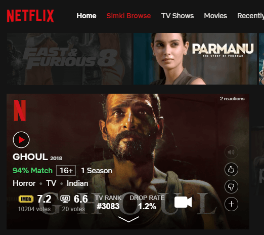 imdb-bedømmelse inde i Netflix på Chrome