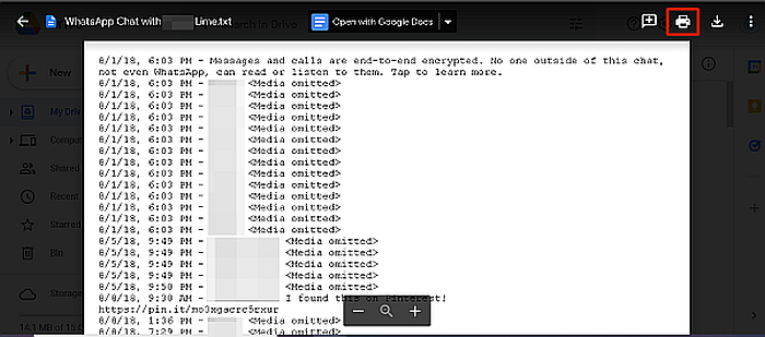 Экспортированный чат WhatsApp, как видно на диске Google