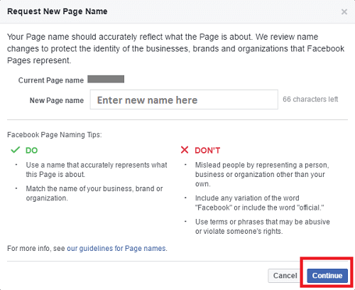 cómo cambiar el nombre de la página de Facebook - ingrese el nombre