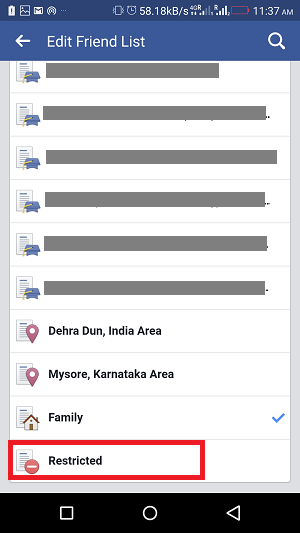 Facebook 应用程序上的受限列表