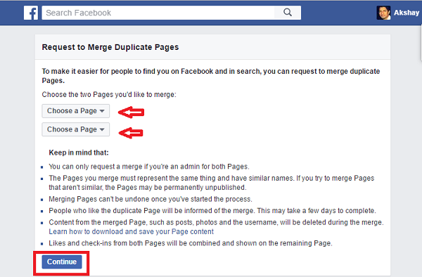 cómo fusionar dos páginas de Facebook en una - elegir páginas