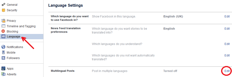 como postar em vários idiomas no Facebook - language option-min