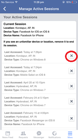 cómo cerrar sesión remotamente en facebook - sesiones activas de iphone