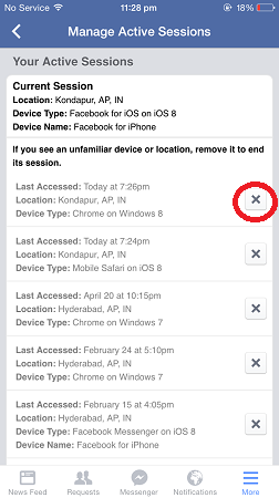 comment se déconnecter à distance de facebook - sessions actives iphone