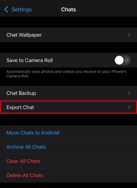 Sohbeti dışa aktarma seçeneği vurgulanmış olarak iPhone sohbet ayarları