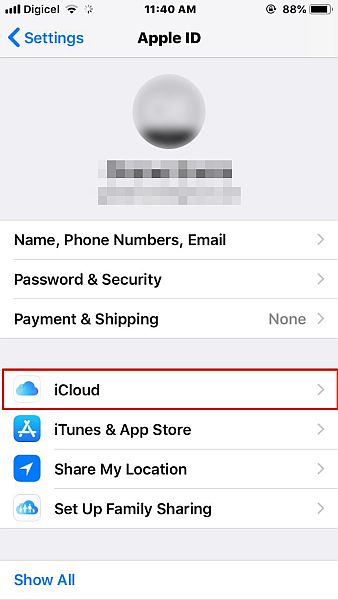 Configurações de ID da Apple com a opção icloud destacada